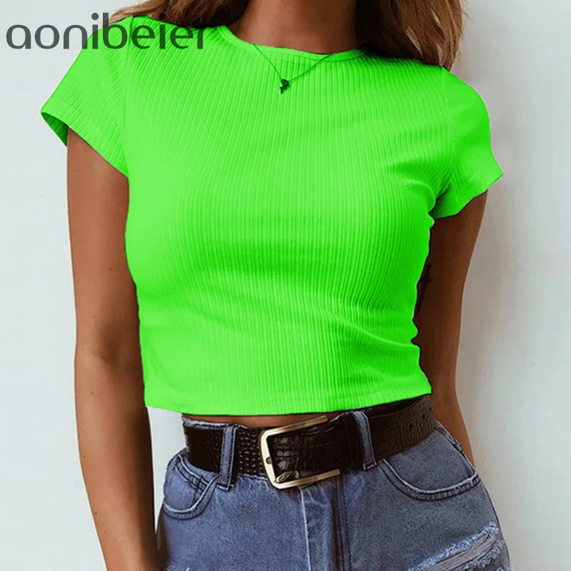 

Aonibeier Rib Knit Neon Color Women Tees Summer Short Sleeve O Neck Slim Fit Girls Tops Fluorescent Green Casual Short T-Shirts