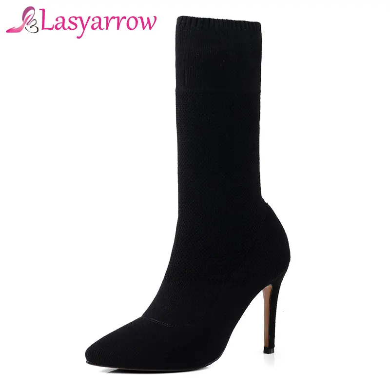 

Lasyarrow Women Stretch Sock Boots Elastic Yarn Mid-calf Short Boots Pointed Toe High Heel Stiletto Spring Autumn Shoes Woman