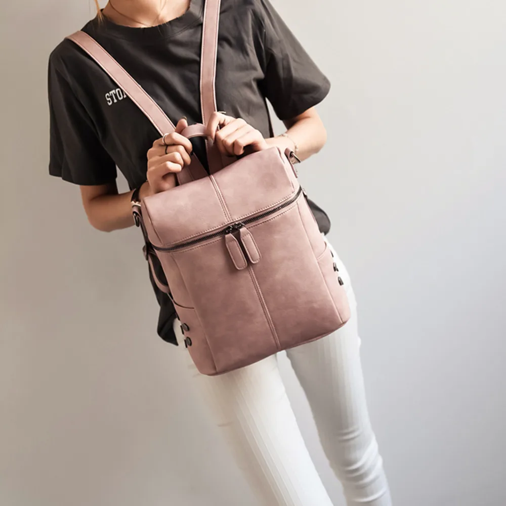 

2 ways Wearing Korean Style Box Shape Women Backpack Solid Color Zipper PU Leather Backpack Mochila Feminina