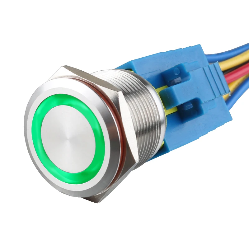 

22mm 12V Green Ring Led Light Momentary or Latching Push Button Switch DPST Metal Industrial Boat Car DIY Switch