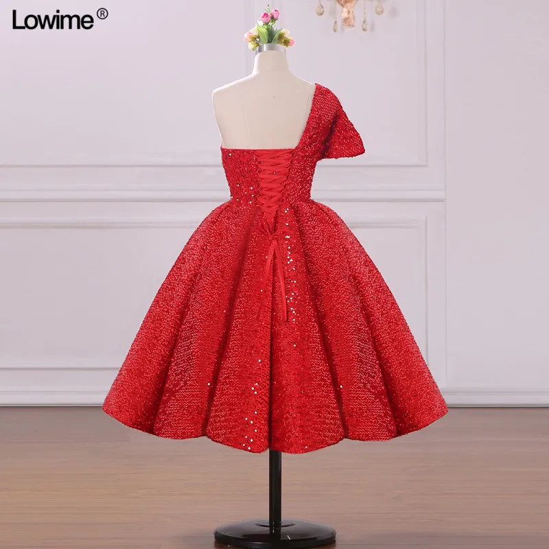 Shiny Red Sequined Arabic Ball Gown Prom Dresses Evening Gown Abendkleider One Shoulder Tea Length Women Party Dress (6)