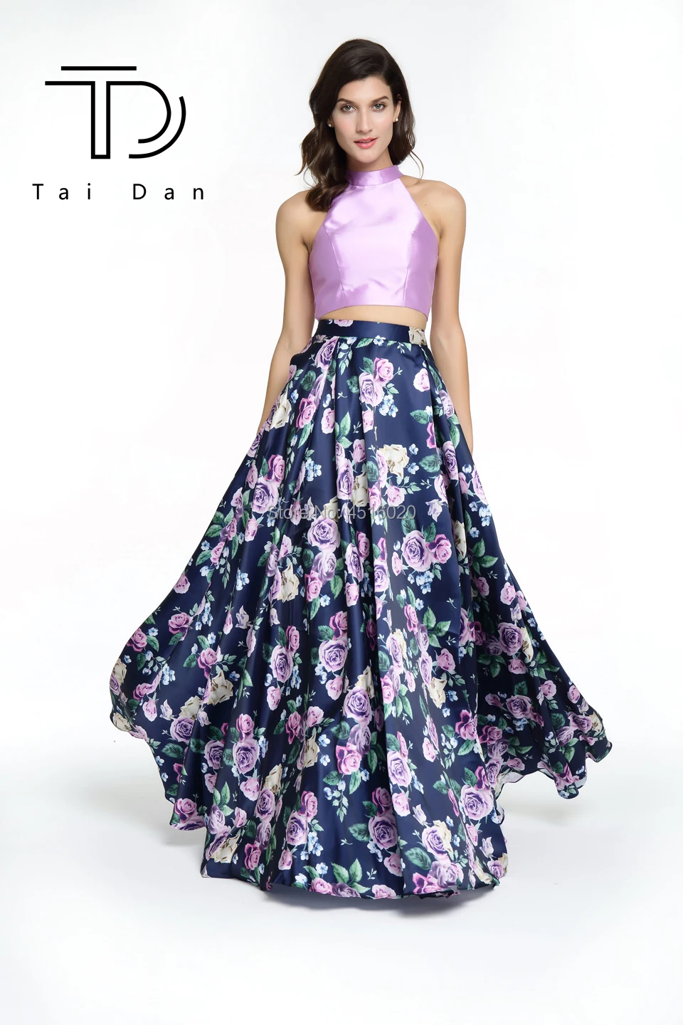 

O-neck Sleeveless Floral Print Satin Evening Women Long Prom Dress Shining Stone Belt Two-pieces Wedding Party Dress