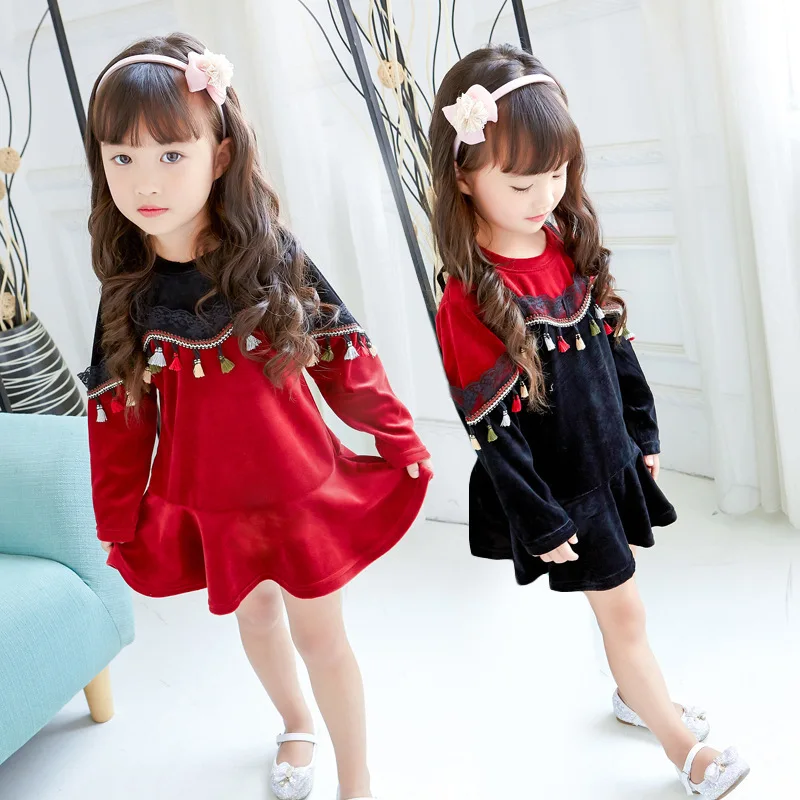 2017 Autumn Baby Girls Velour Patchwork Dresses Kids Party Clothes Girl