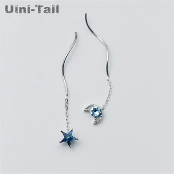 

Uini-Tail hot new 925 sterling silver temperament asymmetry small fresh blue long paragraph stars wave wave ear GN473