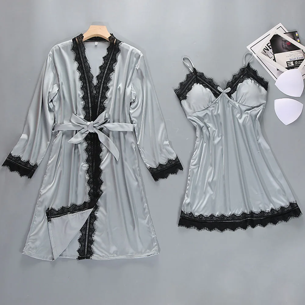 Для женщин соблазнительный, атласный, Шелковый ночной рубашке кимоно Ночной комплект невесты свадебное белье Ночная рубашка халат de nuit - Цвет: 2pcs Gray