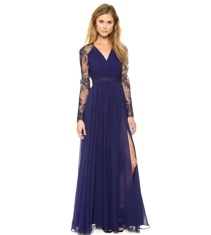 

Nice-forever Sexy Blue Summer Elegant V Neck Long Lace Sleeve Fitted dress 2017 Women Fashion Slimming Chiffon Split Maxi Dress