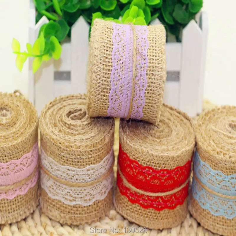 

Christmas Deco Natural Jute Burlap Hessian Ribbon with Lace Trims Tape Rustic Party Decor wedding cake topper Event Supplies