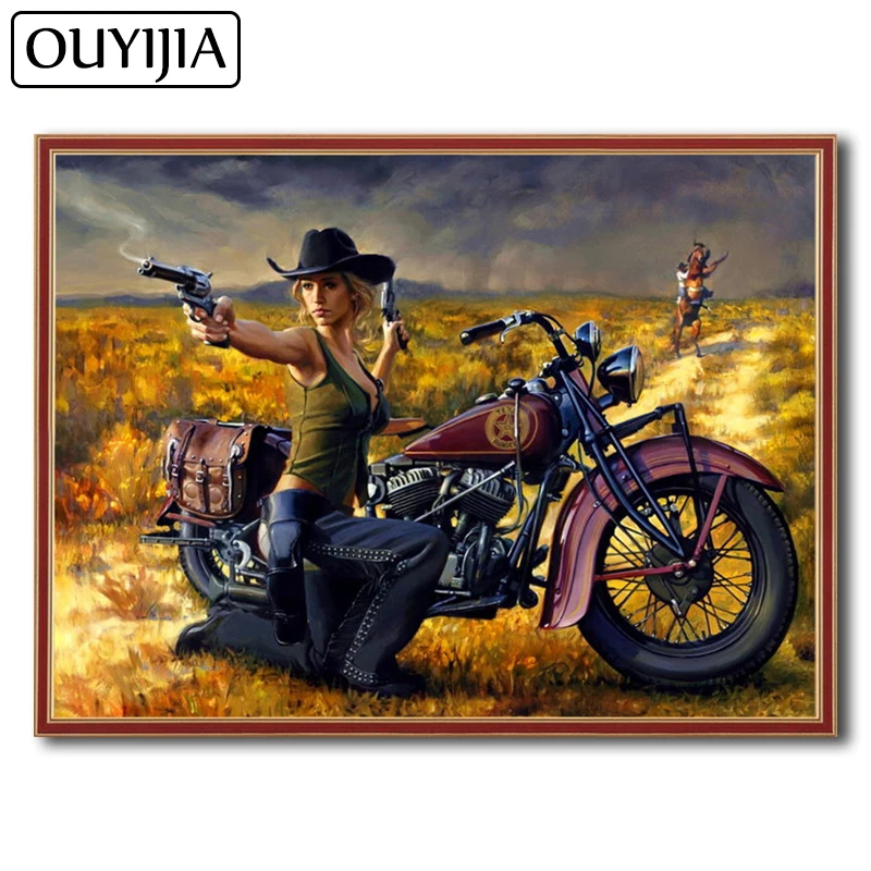 

OUYIJIA Atr Oil Guns Motorcycle Beautys 5D DIY Diamond Painting Embroidery Mosaic Diamond Rhinestone Flowers Home Decoration