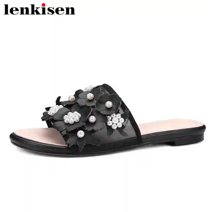 

Lenkisen sweet girl pearls flower slip on cow leather peep toe solid flat with outside slipper beach women large size mules L13