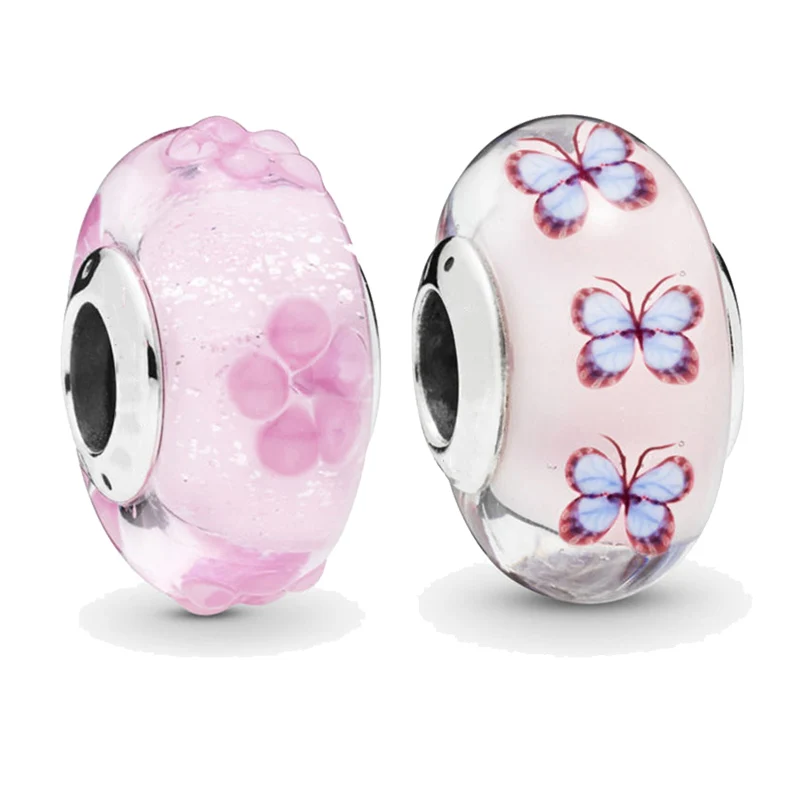 

2019 Spring New Arrive 925 Silver Pink Flower Butterfly Murano Glass Charm Fit Original Pandora Bracelet Women DIY Jewelry Gift
