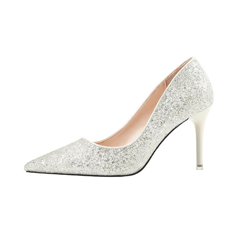

2019 spring and autumn new sexy pointed high heels sequined women's shoes stiletto pointed high heels white 0510