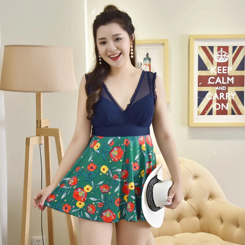 Plus Size Deep V Swimwear 2017 Print One Piece Swimsuit Fat Women