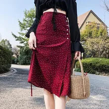 Модные стильные галстуки на талии Женская пуговица для юбки шифоновая тонкая юбка в горошек с принтом