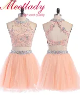 Süße A-Line Halfter Knielangen Tüll Backless Rosa Prom Homecoming Kleid Mit Appliques Kristall Cocktail Kleid vestido de festa