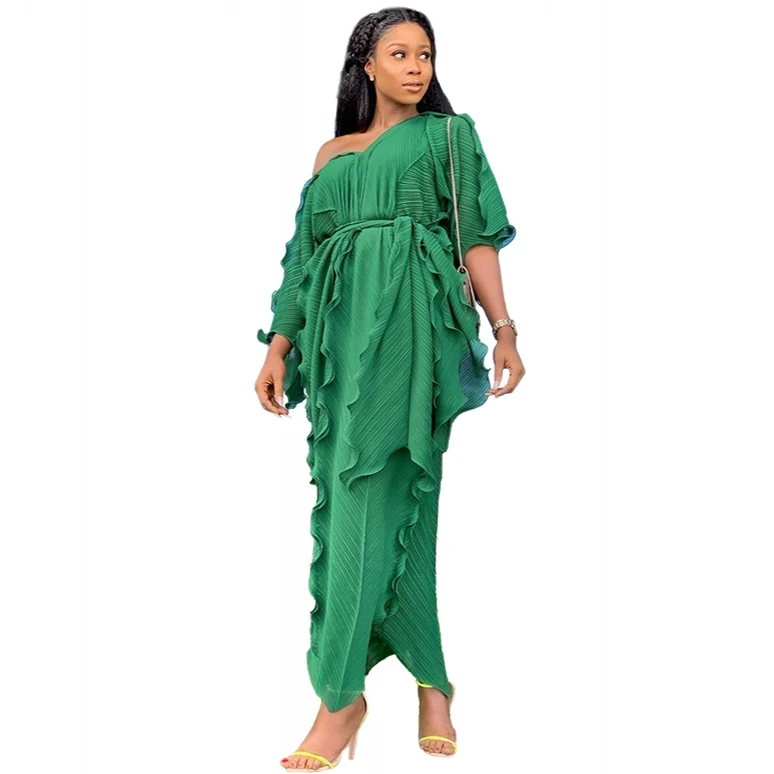 

New African Dresses For Women Dashiki Falbala African Dress Clothes Bazin Riche Sexy Pleat V-neck Long Africa Maxi Dress Woman