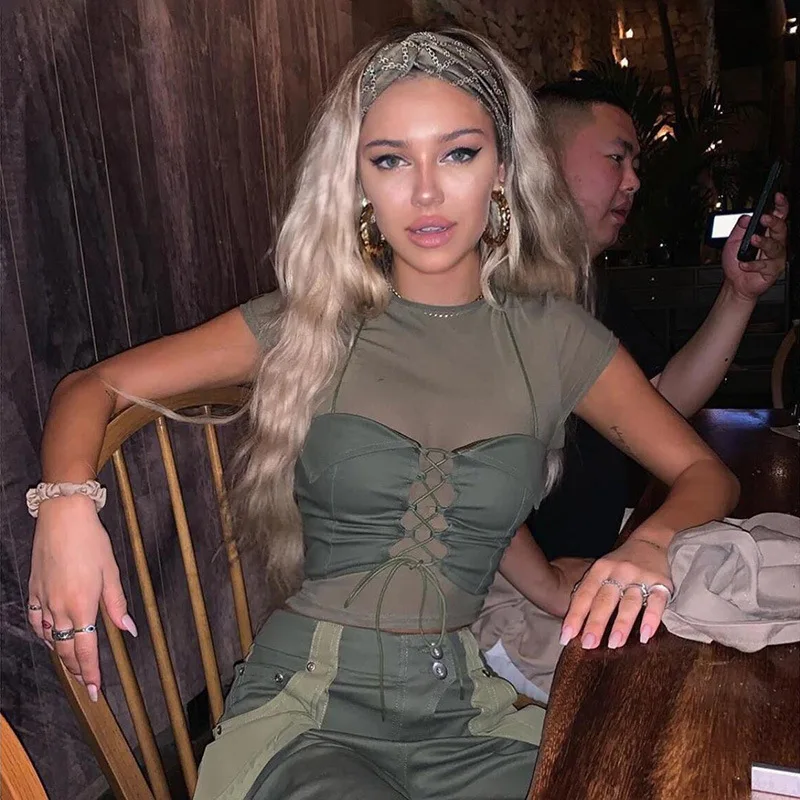 

2019 summer tops sexy women Two-piece set t-shirt and vest women crop top Mesh strap