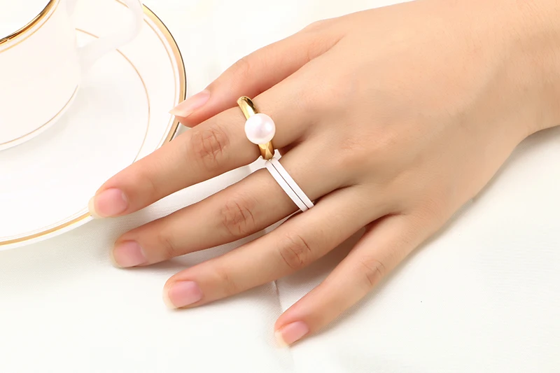 Новое поступление 3 шт./компл. 2 белые керамические кольца и Большой жемчуг с золотым кольцом Модные украшения для женщин Красивые свадебные украшения