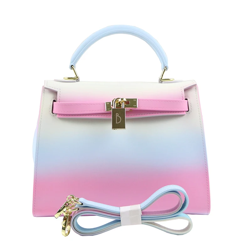 

The new PVC fashion handbag chromatic stripe frosted matte jelly kelly bag 25 cm kelly single shoulder bag