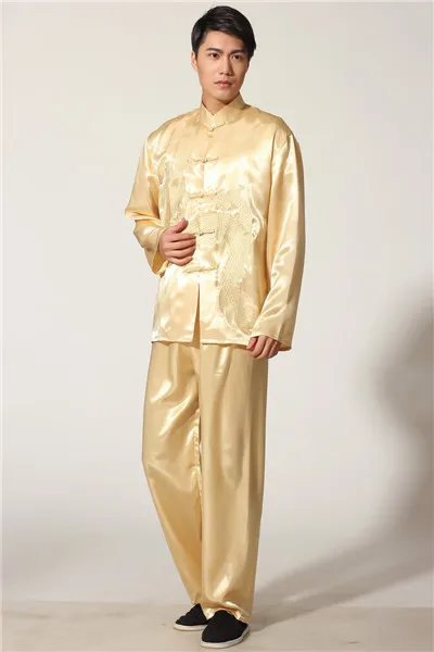 Новинка черный мужской вышитый дракон Кунг фу костюм Китайский Мужской Атласный Тай Чи униформа одежда S M L XL XXL M051-3 - Цвет: Gold