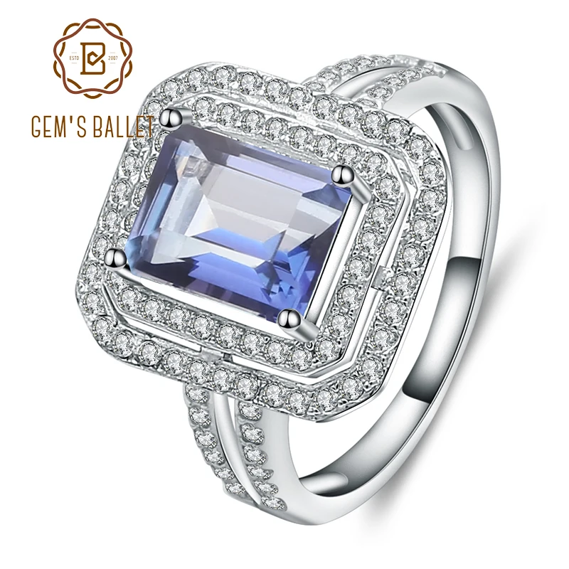 Gem's Ballet 925 Sterling Silver Rectangle Cut 2.05Ct Natural Iolite Blue Mystic Quartz Gemstone Rings For Women Fine Jewelry