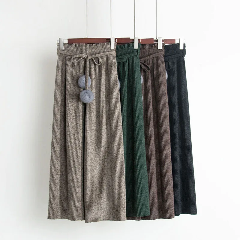 Цена Осень 2018 г. Новинка зимы Корейская версия шерстяные плиссированные широкие брюки высокая талия пояс волос шары штаны Свободные девять точе...