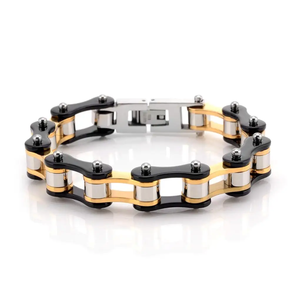 

Cool Black and Gold 316L Stainless Steel Link Chain Bracelet 10mm Men's Jewelry biker chain Low-key Simplicity braceletsYM149