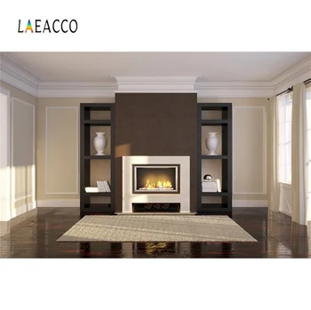 

Laeacco Morden Living Room Fireplace Chic Wall Carpet Window Curtain Interior Photography Backdrop Photo Background Photo Studio