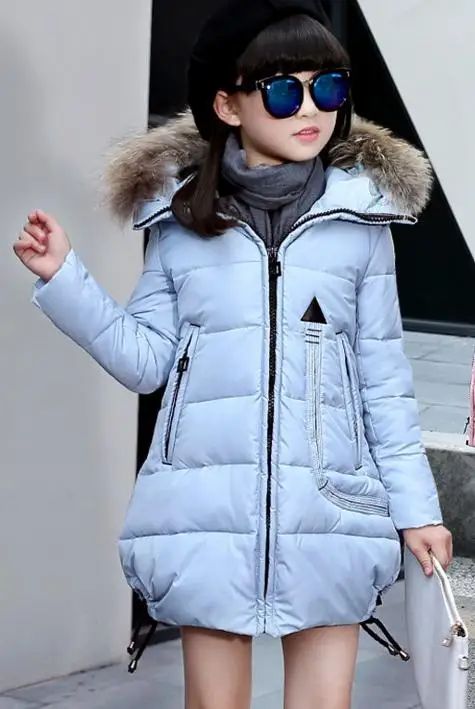 Зимняя хлопковая куртка-пуховик для девочек до-30 лет Детские утепленные пуховики и парки с капюшоном и меховым воротником Зимние костюмы для девочек, Длинные теплые пуховые пальто, костюм - Цвет: Небесно-голубой