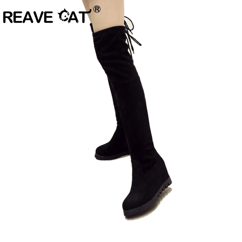 

REAVE CAT Women Stretch Faux Suede Thigh High Boots Sexy Over the Knee Boots female High Heels botas mujer shoes woman A1040