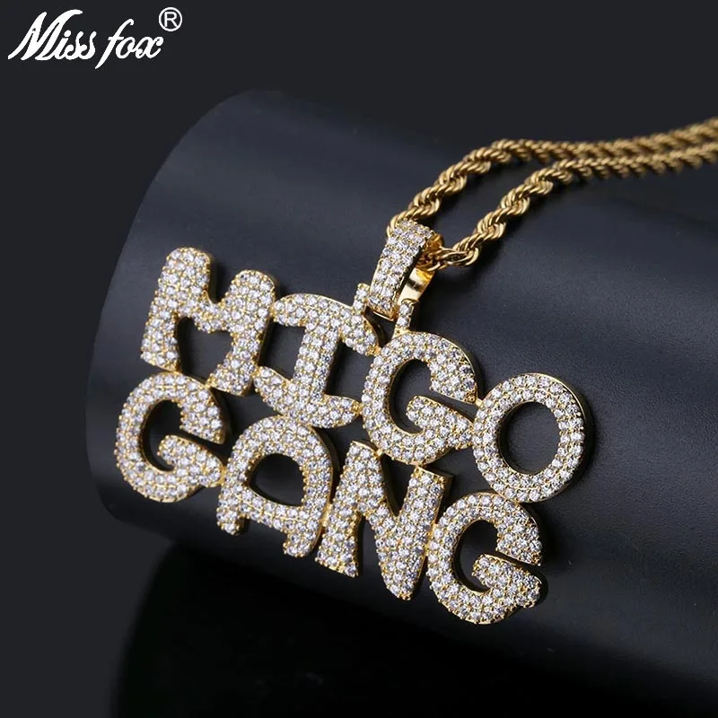 

MISSFOX Hip Hop Migo Gang Letter Pendant Necklace 24K Gold Plated High Quality Cubic Zirconia Gangster Long Rope Name Necklace
