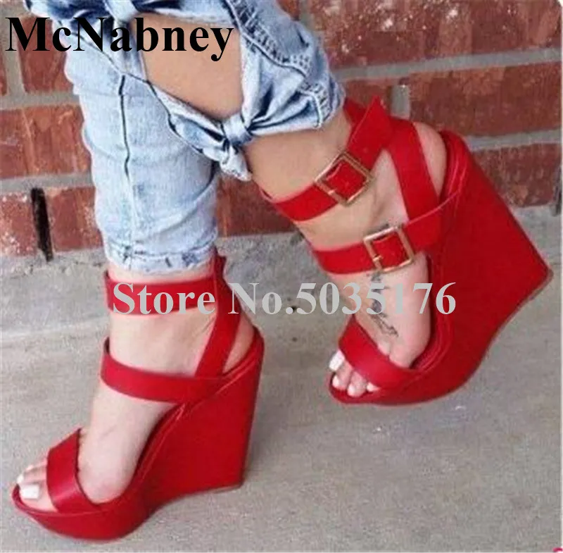 

2019 European Solid Peep Toe High Platform Sandals Ankle Strap Buckle Front And Rear Strap High Wedges Heel Sandals Women Shoes