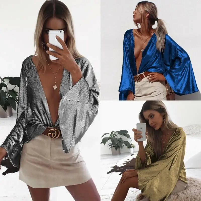 

2019 Hot Solid Color Womens Sexy Deep V Sequin Shirt Trumpet Sleeve Cardigan Spring Autumn Tops Blouses Femme