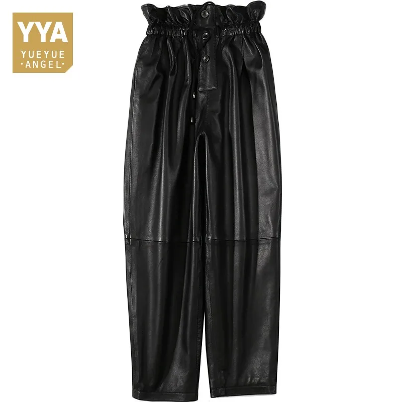 

Women Pants Genuine Sheepskin Elastic Waist Black 2019 Winter New Fashion Real Leather High Waist Ladies Full Length Harem Pants