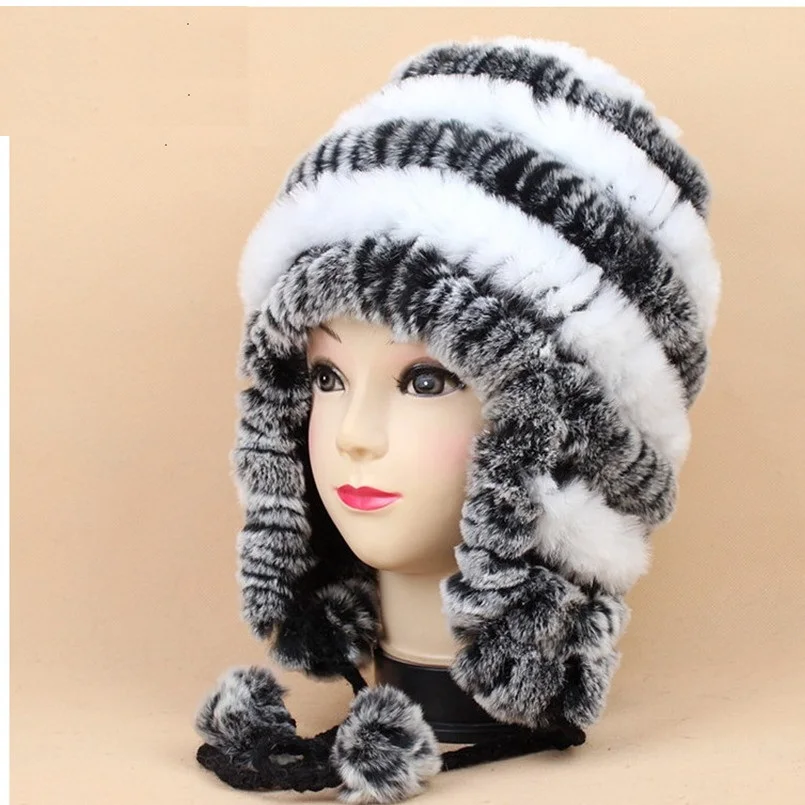 

Russian fur cap earflap fur cap of real rex rabbit fur, black white red brown gray winter knit warm brand hat for womenH654