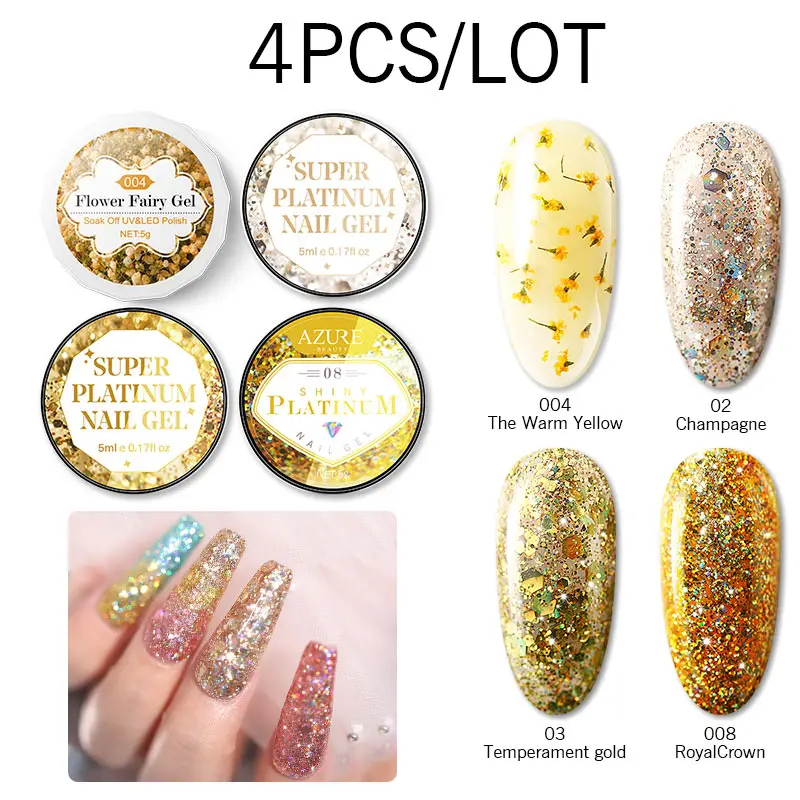 

Azue Beauty 4Pcs/Lot Gold Color Painting Nail Gel Polish Soak Off Shiny Glitter Led Nail Varnish Polish Kits Semi Permanent Gel