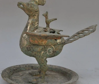 

9" old chinese palace pure bronze silver bird beast statue incense burner Censer
