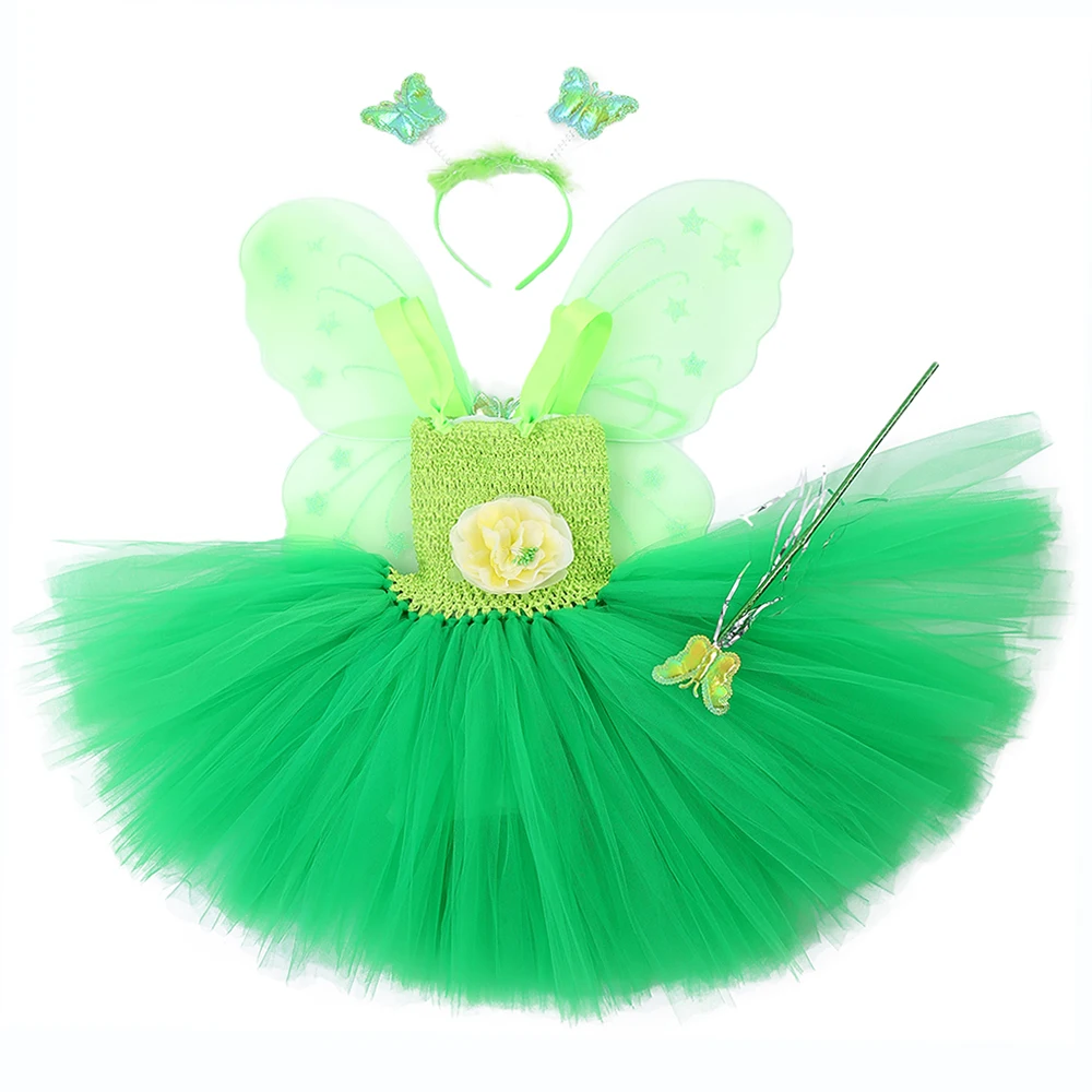Green Santa Flower Fairy Princess Party Dresses for Little Girls Role Play Tutu Dress with Magic Wand Wing Headwear 1-12Y | Детская