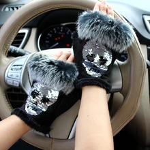 Magic Fashion Winter Gloves Women Skull silvery Sequins Rabbit Fur Gloves winter Gloves Suede half finger Mittens Female