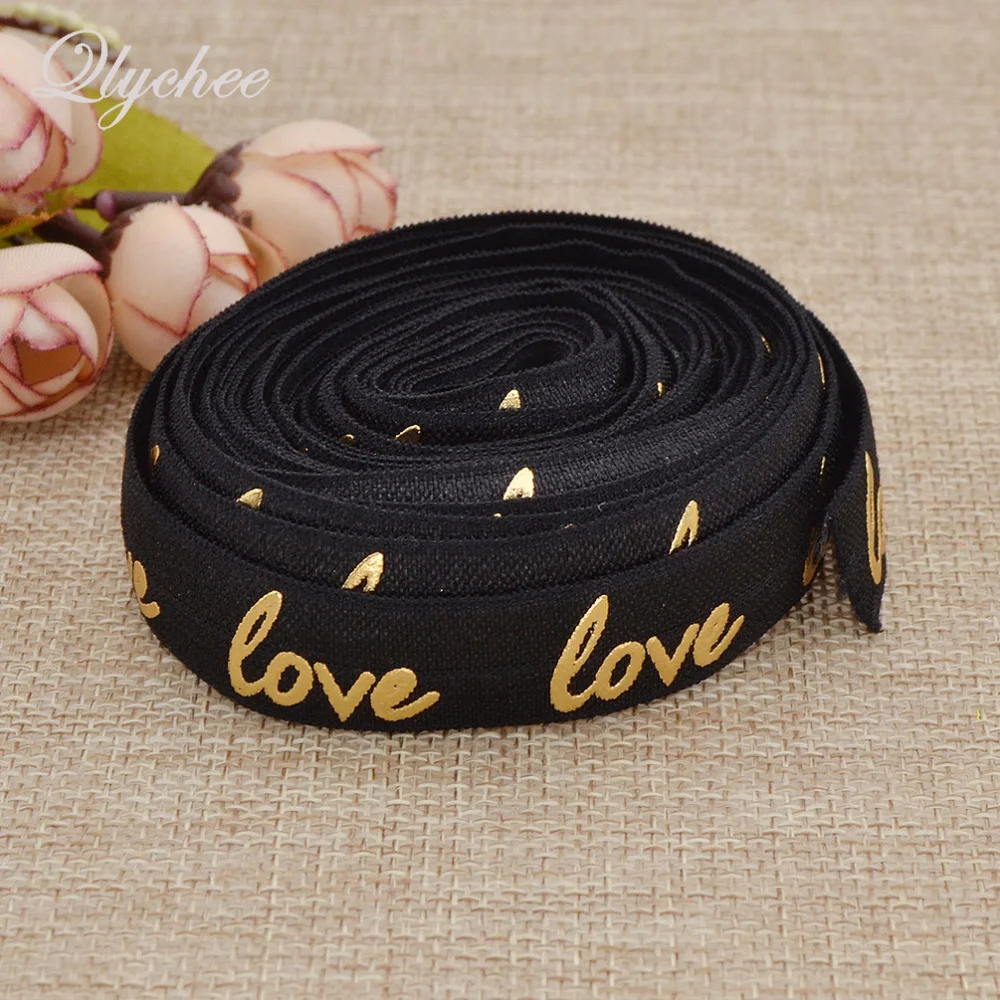 

5 Yards Black Color Polyester Gold Print Love Letters Elastic Trim Band For DIY Garment Shoes Bag Decor Sewing Straps