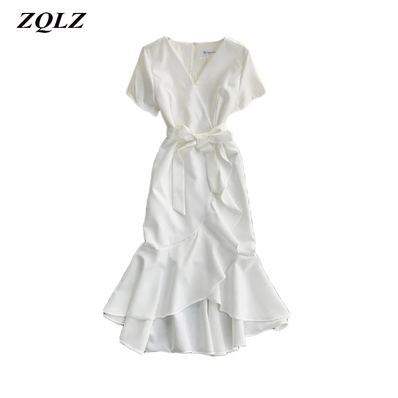 

Zqlz Summer Vintage Sexy V Neck Short Sleeve Bangage Dress Robe Longue Women Elegant Casual Ruffles Evening Party Dresses