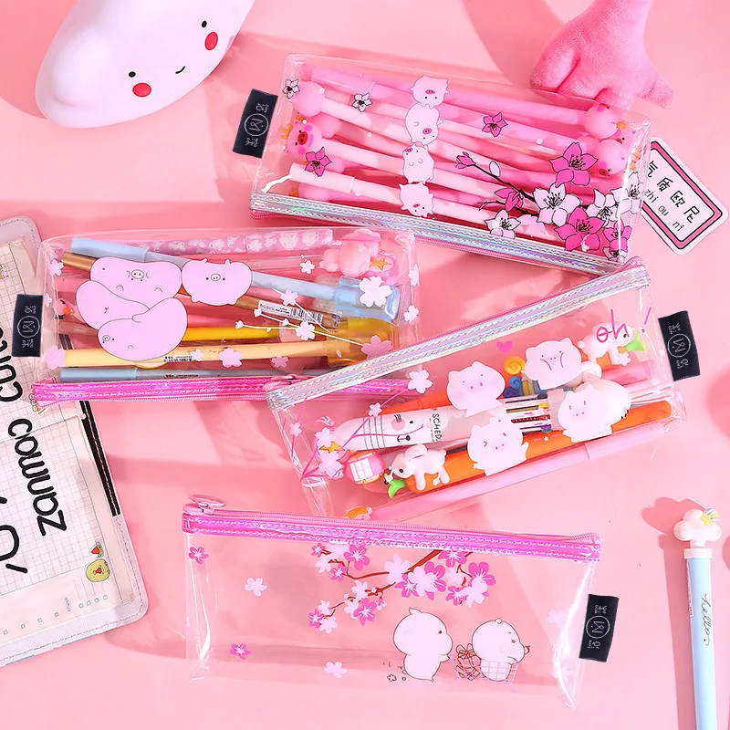 

Transparent TPU Pig pencil case for girls Cute Sakura pen bag Staionery pouch gift pencilcase school supplies Zakka