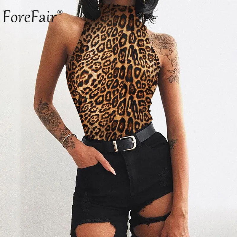 Forefair Sexy Leopard Bodysuits Women Autumn 2018 Sleeveless Halter Shorts Jumpsuit Summer Turtleneck Bodysuit Ladies