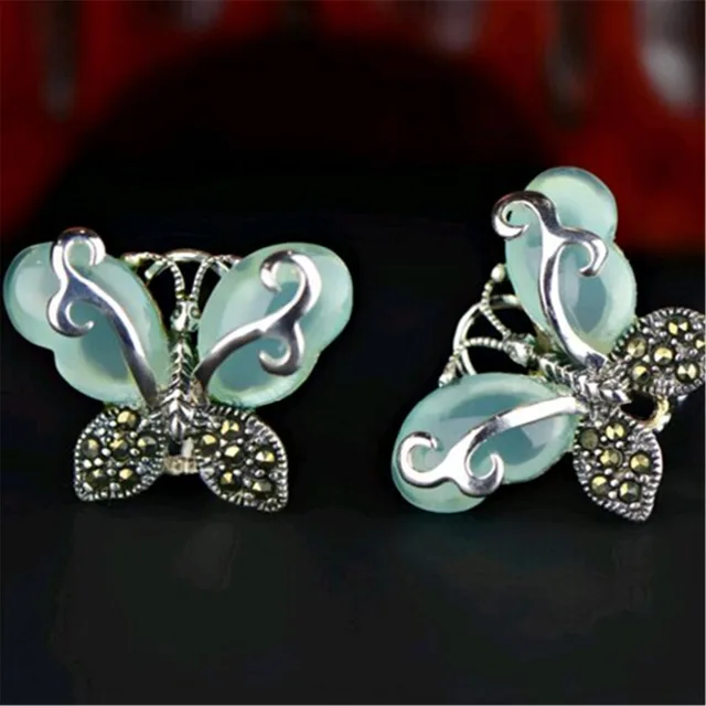 Green Chalcedony 925 Sterling Silver Vintage Marcasite Earrings With Green Chalcedony 925 Sterling Silver Vintage Marcasite Earrings With Natural Stones Chrysoprase Erfly For