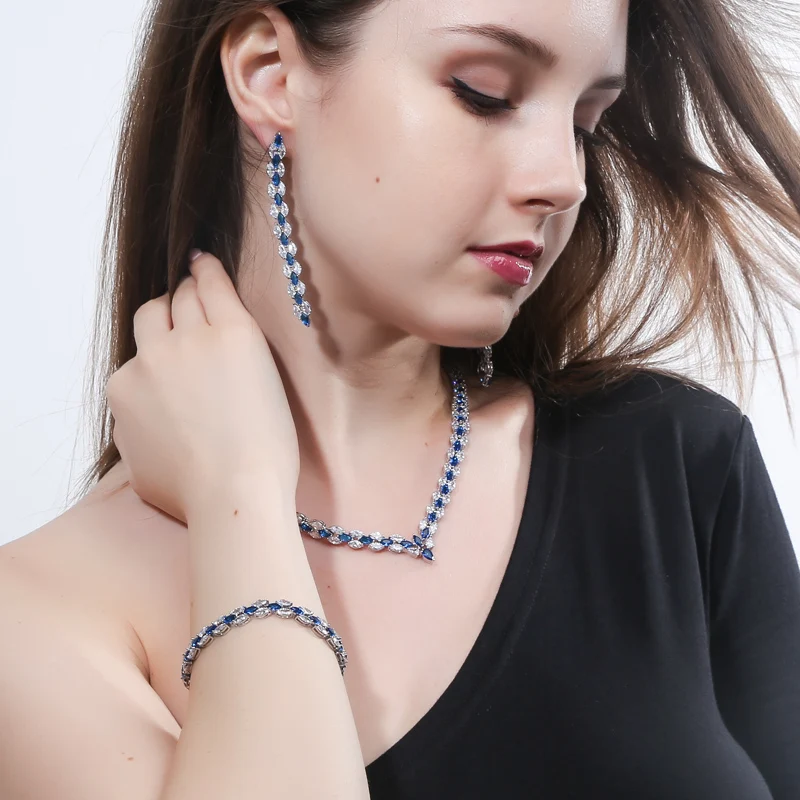 CWWZircons 3 Piece Royal Blue Cubic Zirconia Womens Wedding Party Costume Jewelry Necklace Earring Bracelet Set For Brides T038|necklace earring