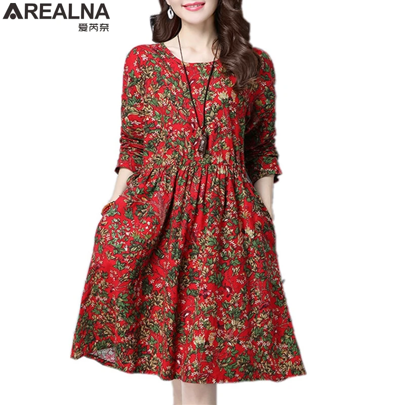 

AREALNA 2018 summer autumn fashion cotton linen vintage print floral dress women casual loose red dress vestidos party dresses