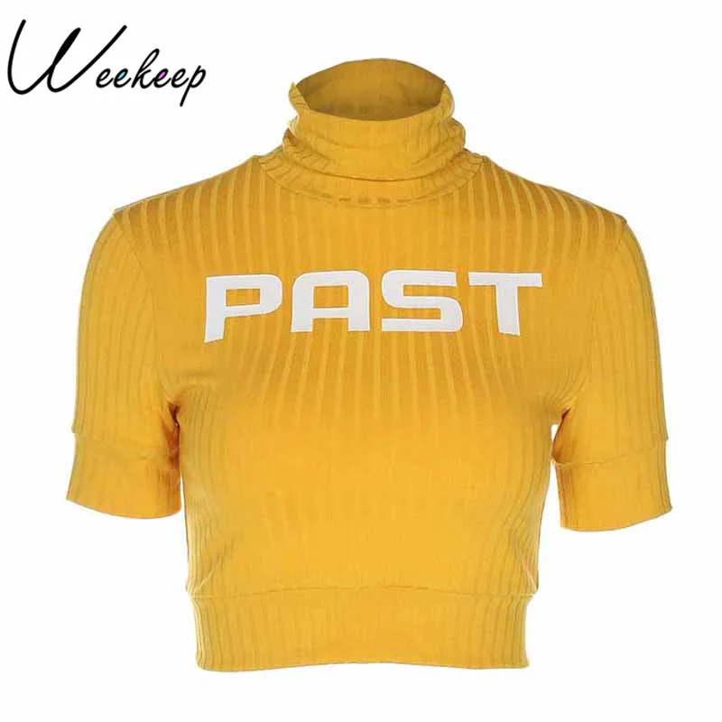 Weekeep Women Fashion Cropped Turtleneck t shirt Yellow Spring Short