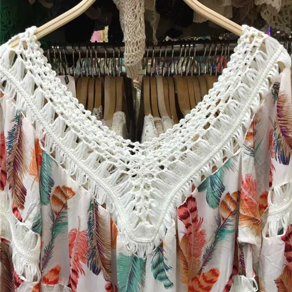 Printed Blouse Sexy Smock Overall Crochet Tassel Blouse Hollow Bat Big