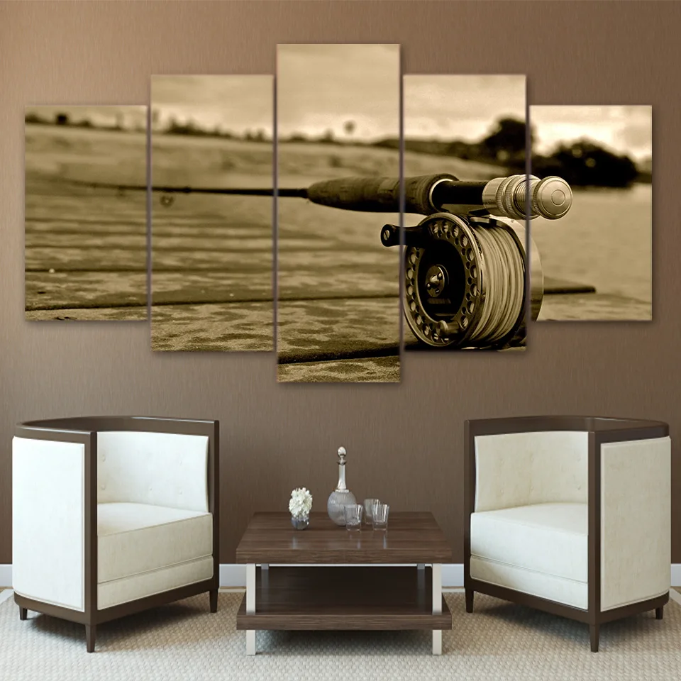 Wall Art Poster Home Decor Living Room Canvas Print Cartoon Painting 5 Panel Fishing Rod Landscape Animal Modular Pictures Frame
