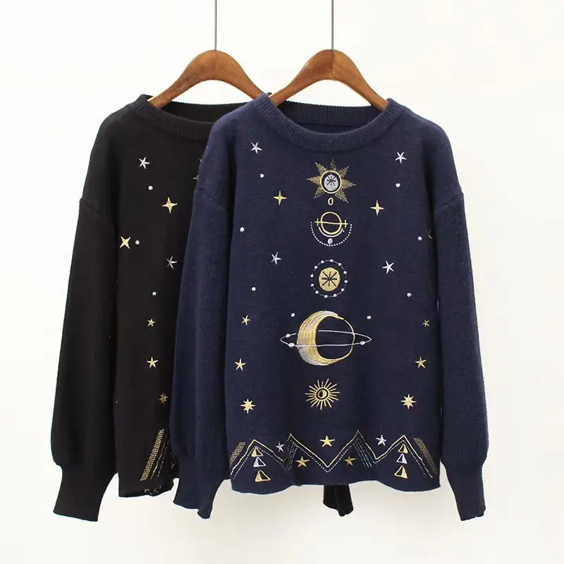 Women Golden Embroidered Stars Moon Knit Sweater Jumpers with Slight