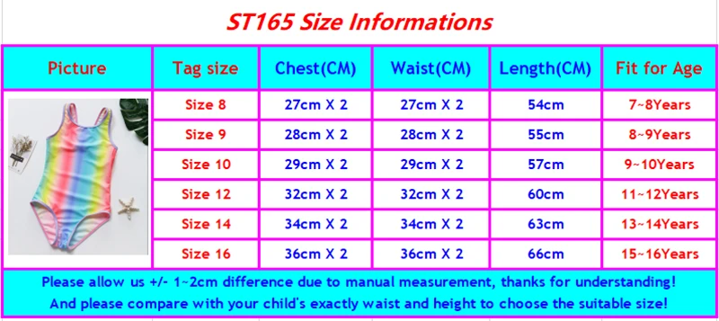 ST165 SIZE CHART